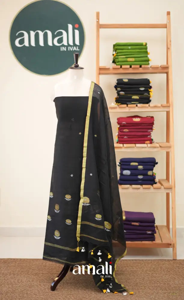 Black Handloom Linen Unstitched Salwar Set - salwar