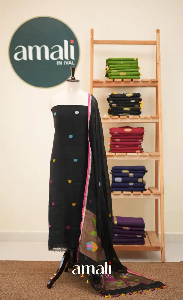Black Handloom Linen Unstitched Salwar Set - salwar