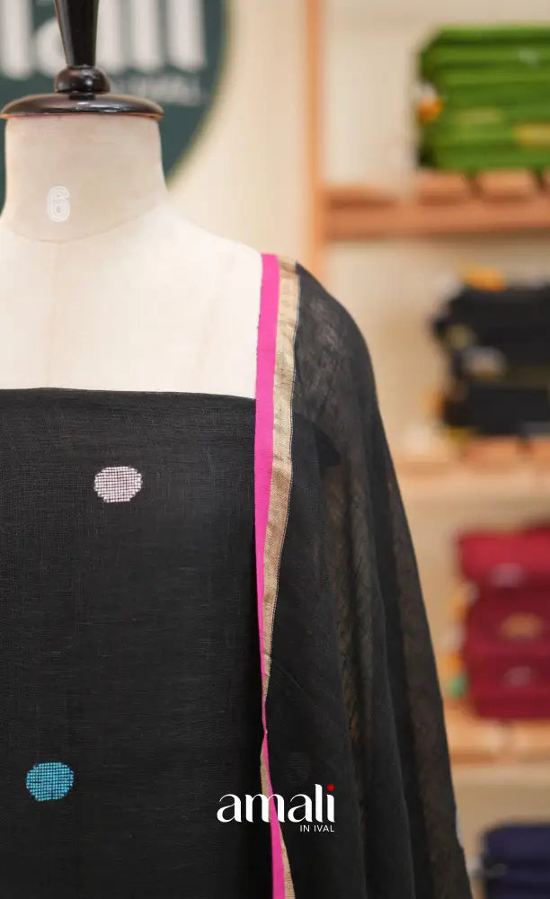 Black Handloom Linen Unstitched Salwar Set - salwar