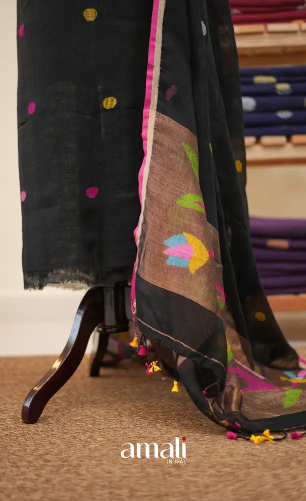 Black Handloom Linen Unstitched Salwar Set - salwar