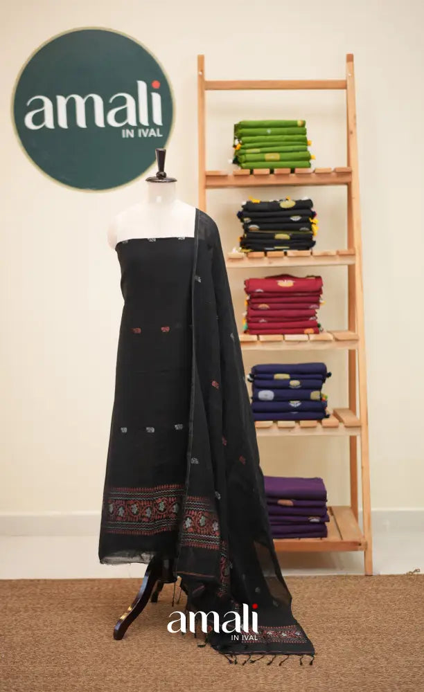 Black Handloom Linen Unstitched Salwar Set - salwar