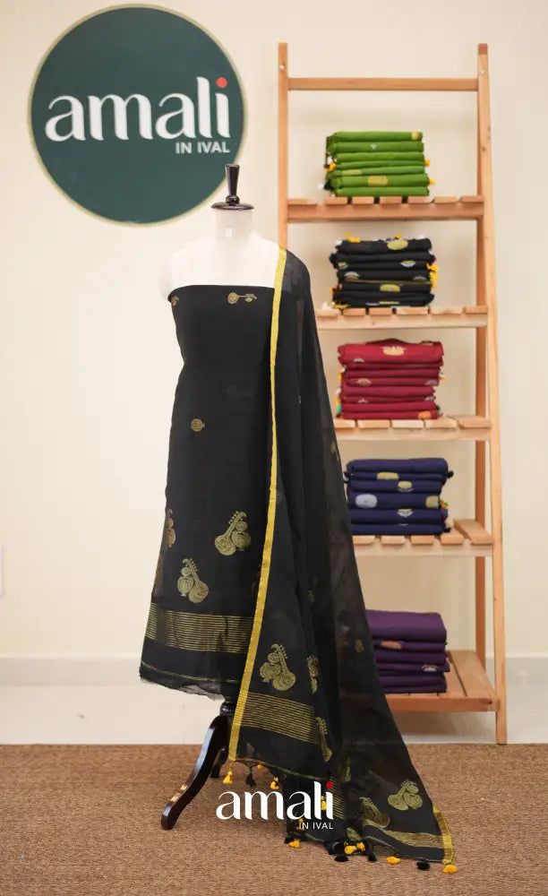 Black Handloom Linen Unstitched Salwar Set - salwar