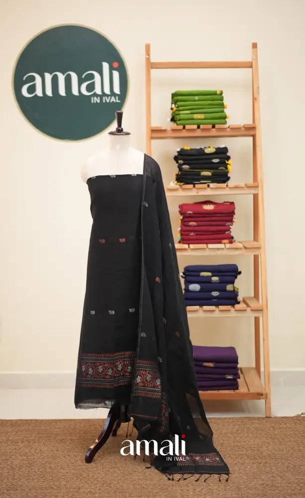 Black Handloom Linen Unstitched Salwar Set - salwar