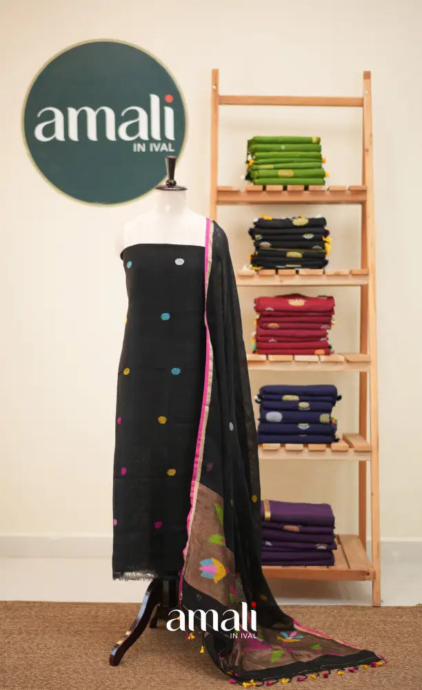 Black Handloom Linen Unstitched Salwar Set - salwar