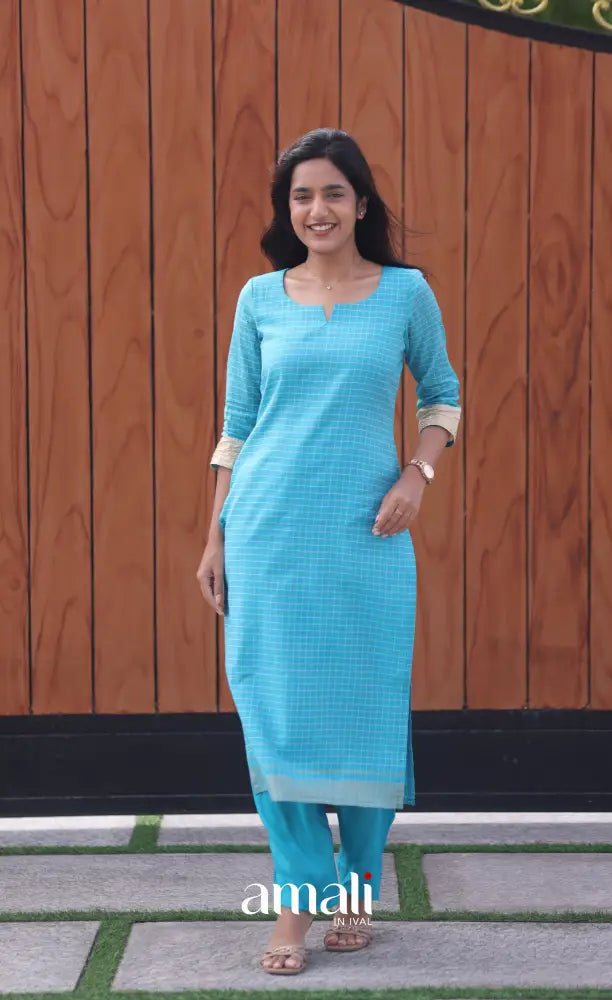 Blue and Cream Silk Cotton Salwar - salwar