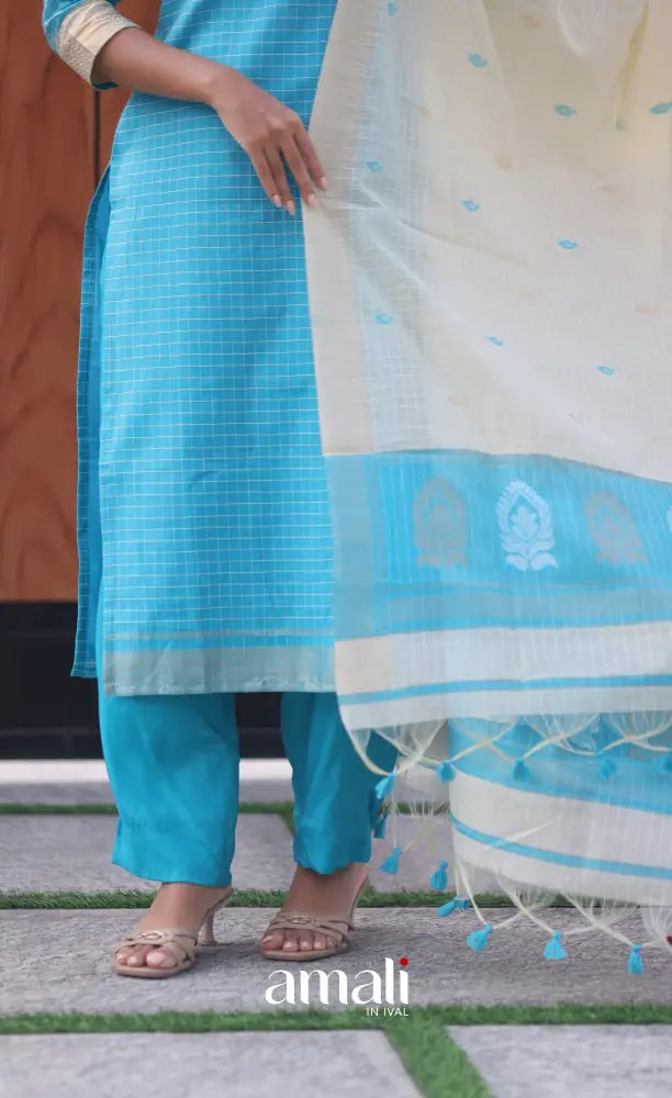 Blue and Cream Silk Cotton Salwar - salwar