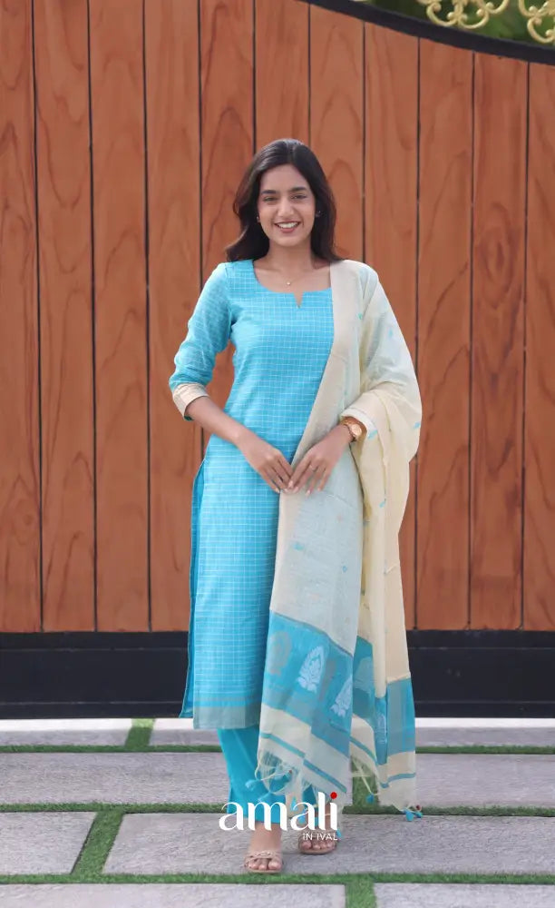 Blue and Cream Silk Cotton Salwar - salwar