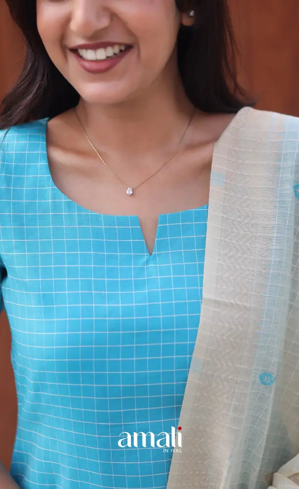 Blue and Cream Silk Cotton Salwar - salwar