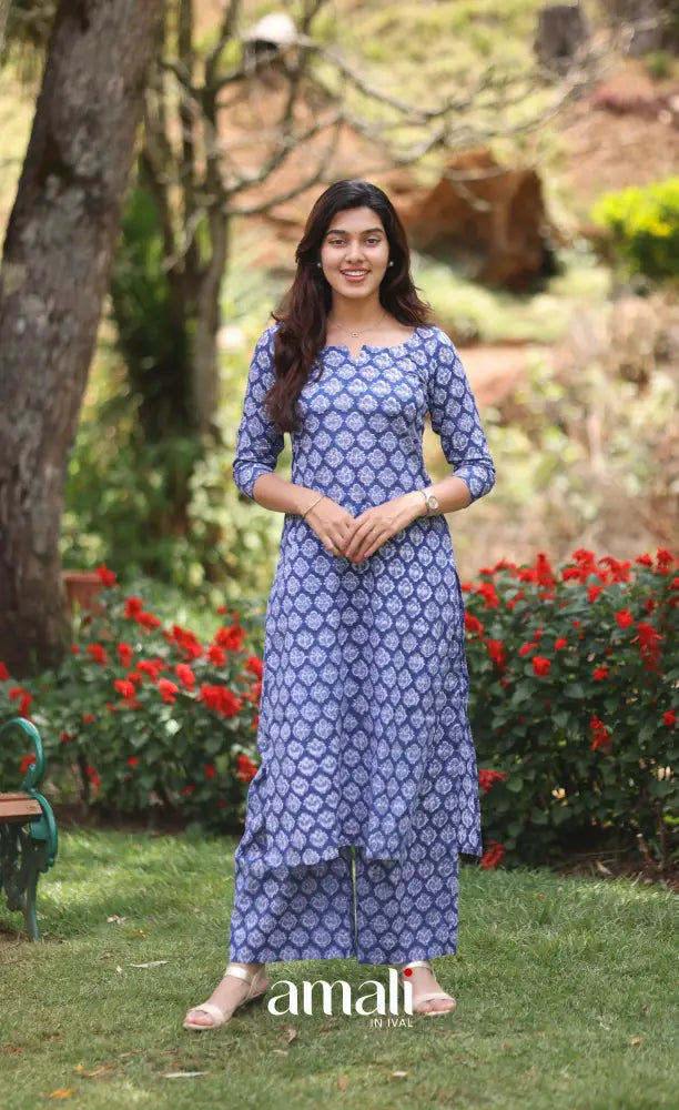 Blue Monochrome Jaipur Print Cotton Top and Pant - salwar