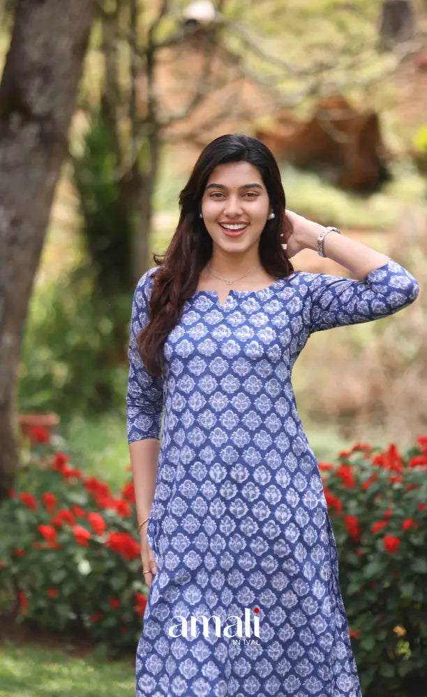 Blue Monochrome Jaipur Print Cotton Top and Pant - salwar