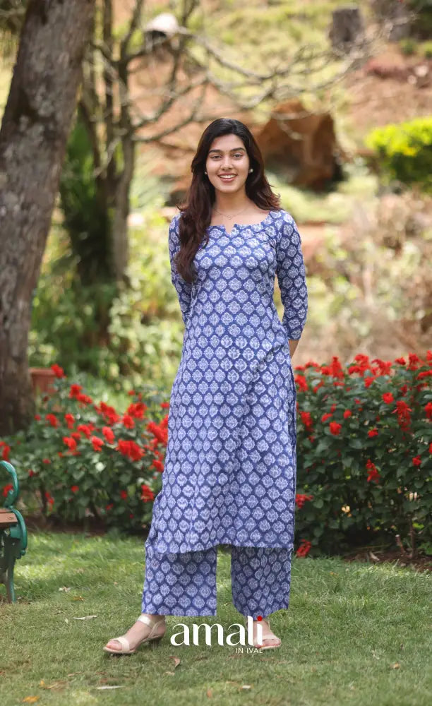 Blue Monochrome Jaipur Print Cotton Top and Pant - salwar