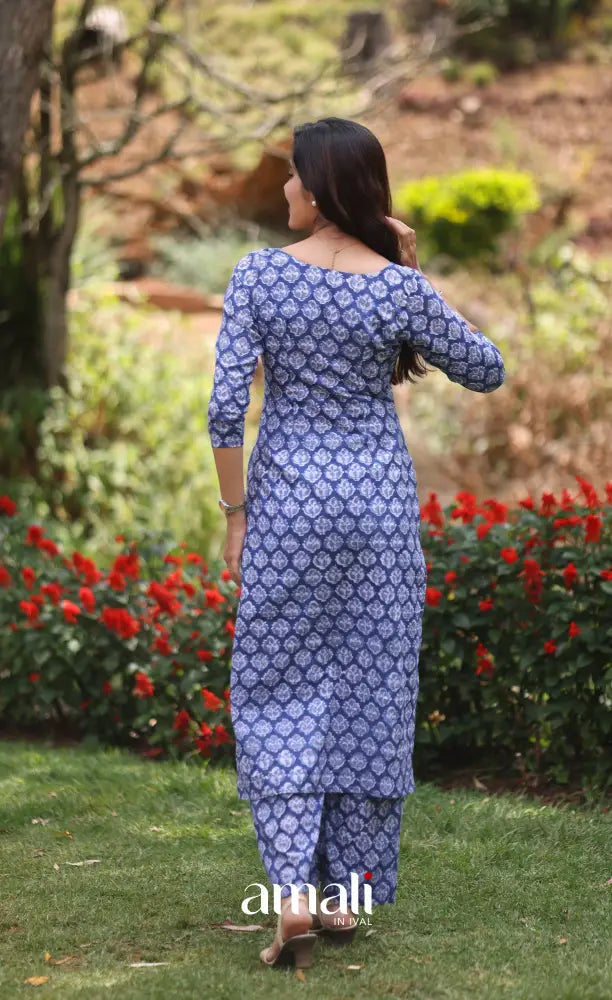 Blue Monochrome Jaipur Print Cotton Top and Pant - salwar