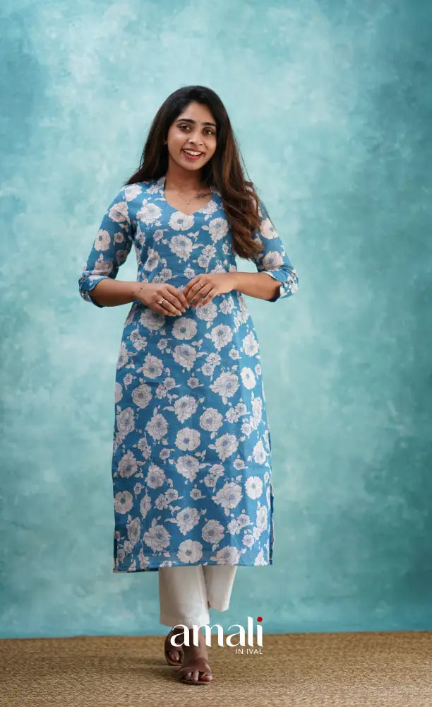 Blue Semi Linen Kurti Co-ord sets