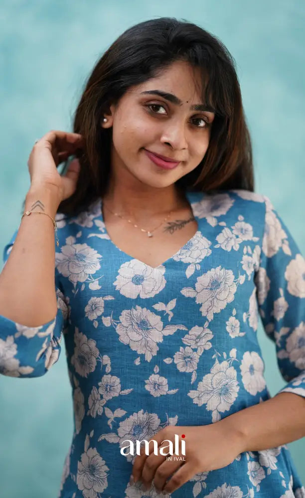 Blue Semi Linen Kurti Co-ord sets