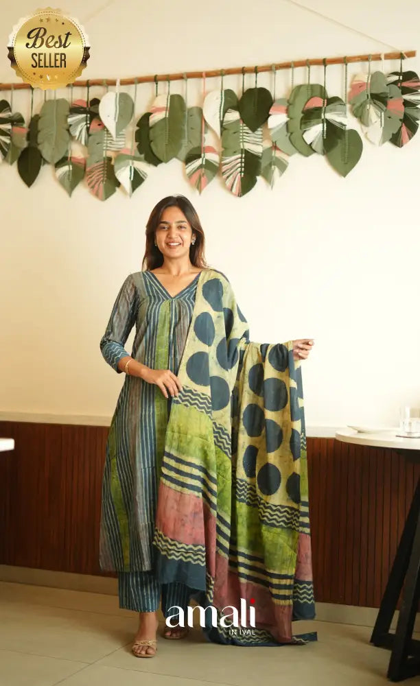 Blue shades Jaipur Cotton A-line Salwar Set - salwar