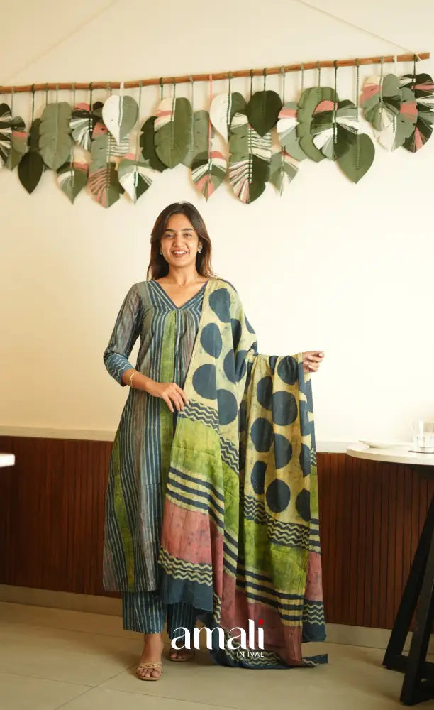 Blue shades Jaipur Cotton A-line Salwar Set - salwar
