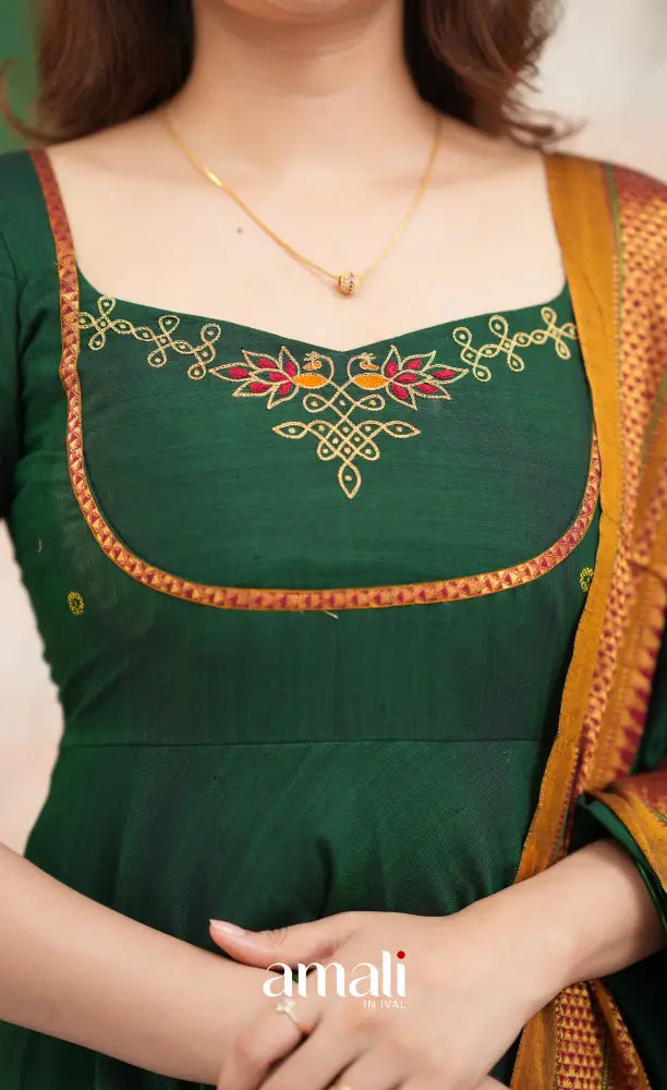 Bottle green and Mustard yellow Narayanpet Cotton Anarkali - Anarkalis