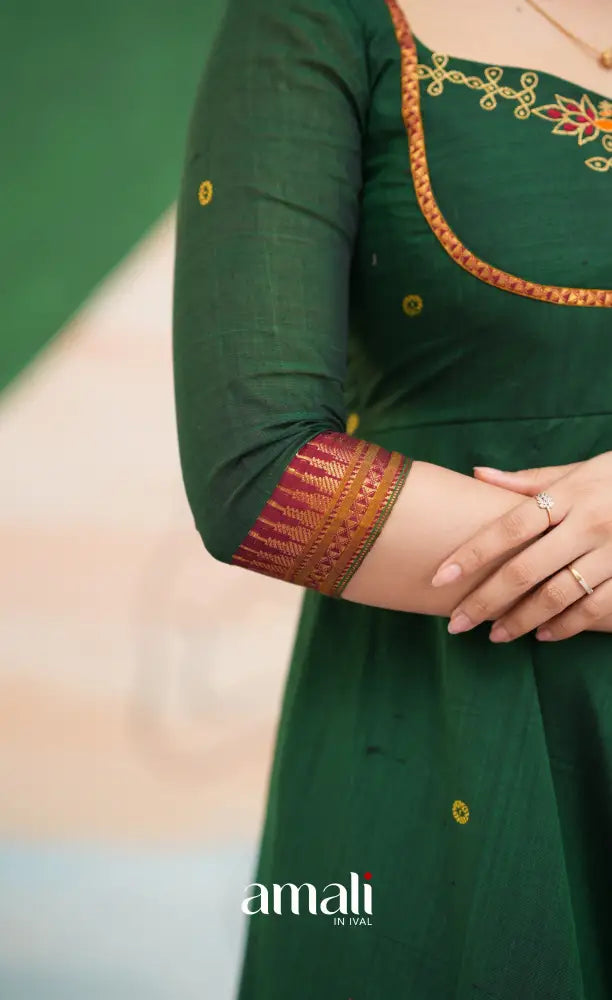 Bottle green and Mustard yellow Narayanpet Cotton Anarkali - Anarkalis