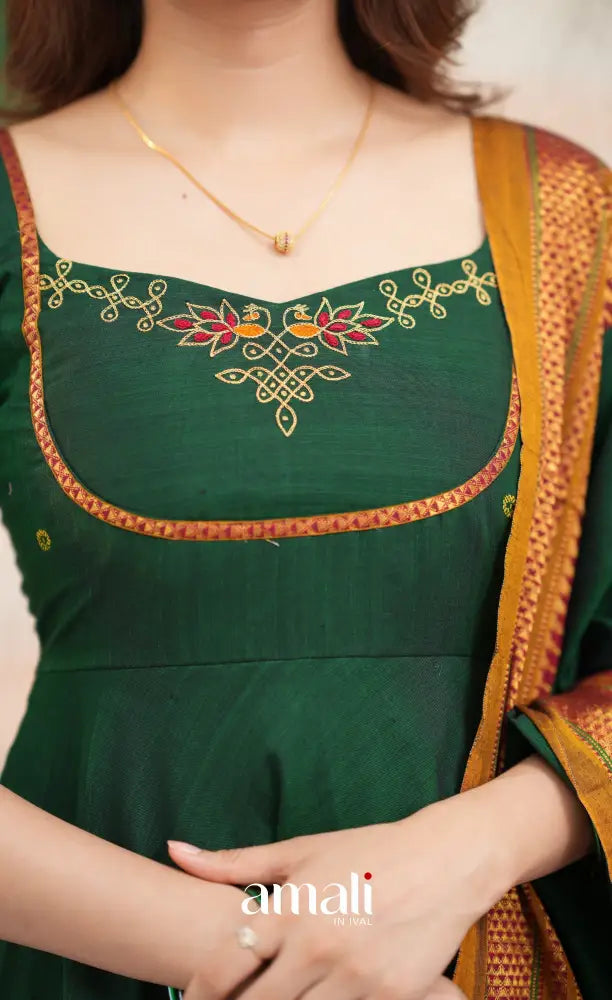 Bottle green and Mustard yellow Narayanpet Cotton Anarkali - Anarkalis