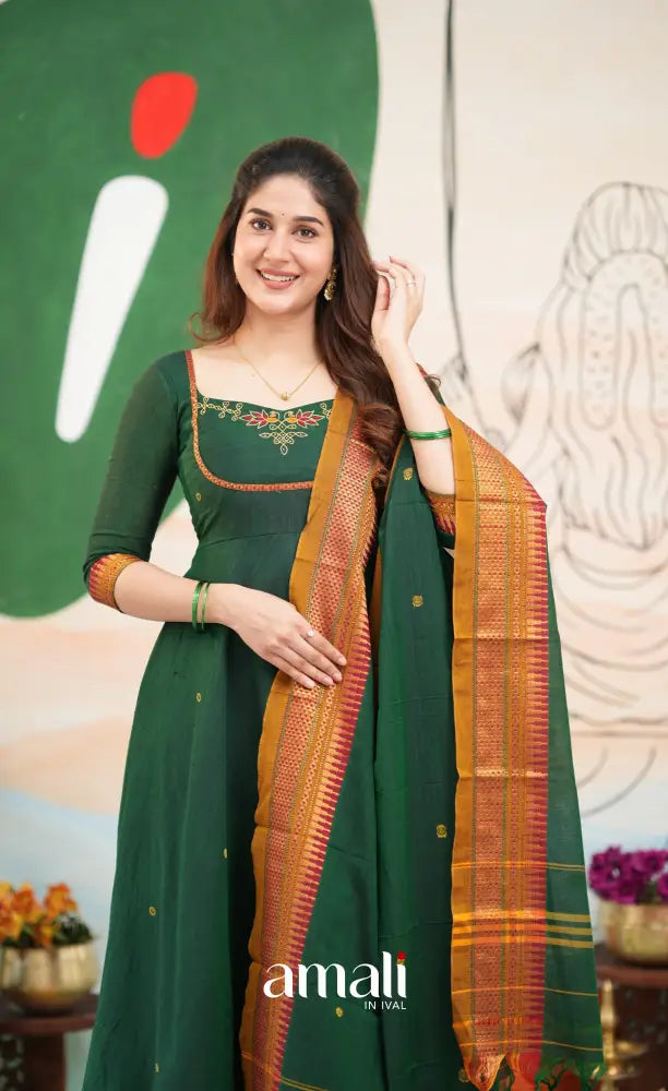 Bottle green and Mustard yellow Narayanpet Cotton Anarkali - Anarkalis