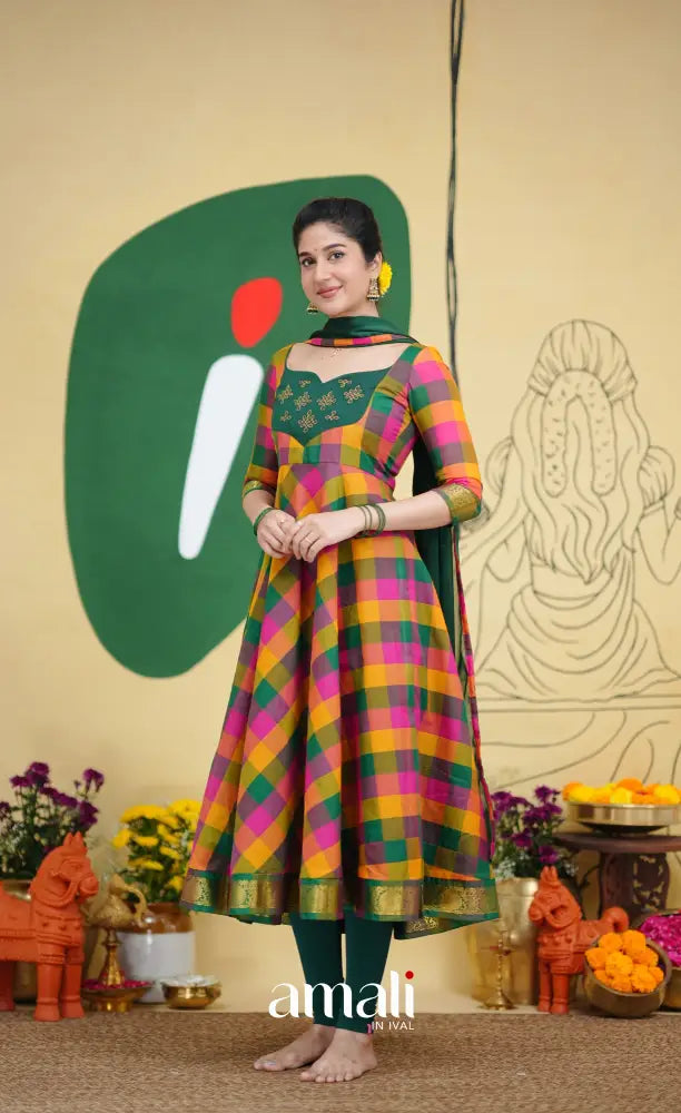 Bottle Green and Pink Kandangi Checks Cotton Anarkali Anarkalis
