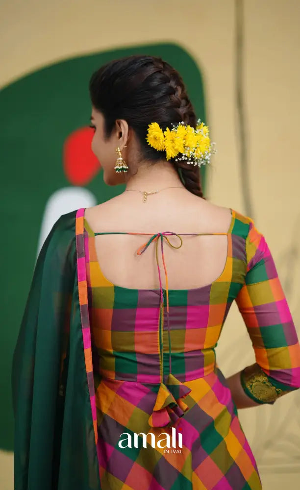 Bottle Green and Pink Kandangi Checks Cotton Anarkali Anarkalis