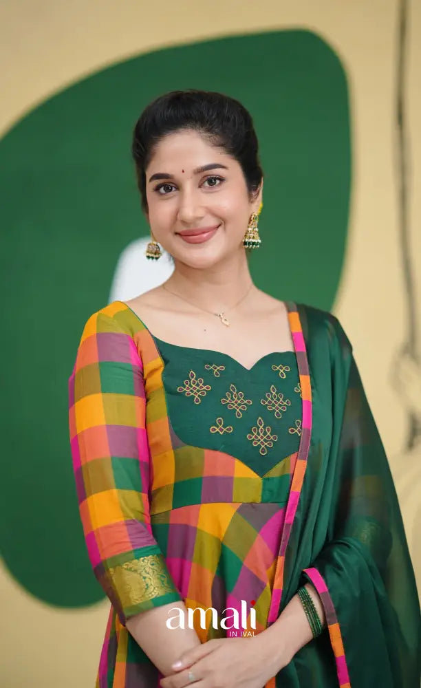 Bottle Green and Pink Kandangi Checks Cotton Anarkali Anarkalis