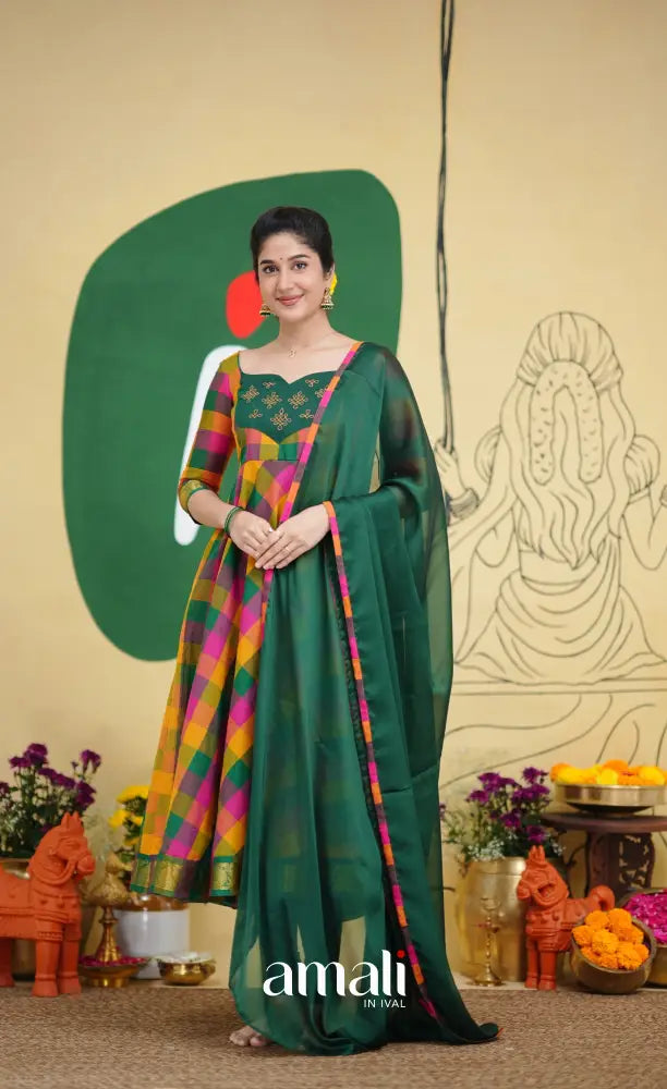 Bottle Green and Pink Kandangi Checks Cotton Anarkali Anarkalis
