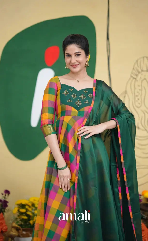 Bottle Green and Pink Kandangi Checks Cotton Anarkali Anarkalis