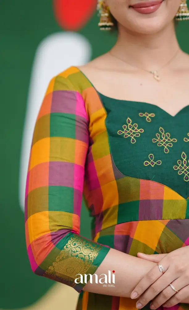 Bottle Green and Pink Kandangi Checks Cotton Anarkali Anarkalis
