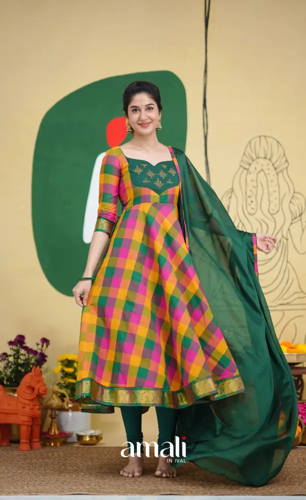 Bottle Green and Pink Kandangi Checks Cotton Anarkali Anarkalis