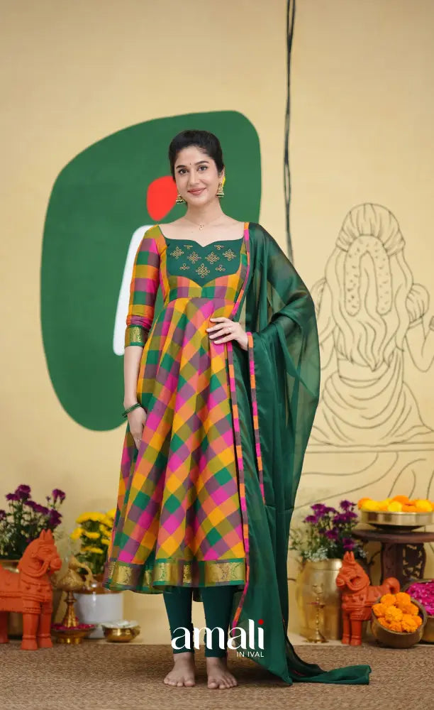 Bottle Green and Pink Kandangi Checks Cotton Anarkali Anarkalis
