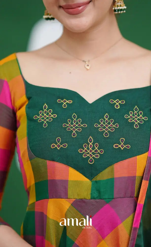 Bottle Green and Pink Kandangi Checks Cotton Anarkali Anarkalis