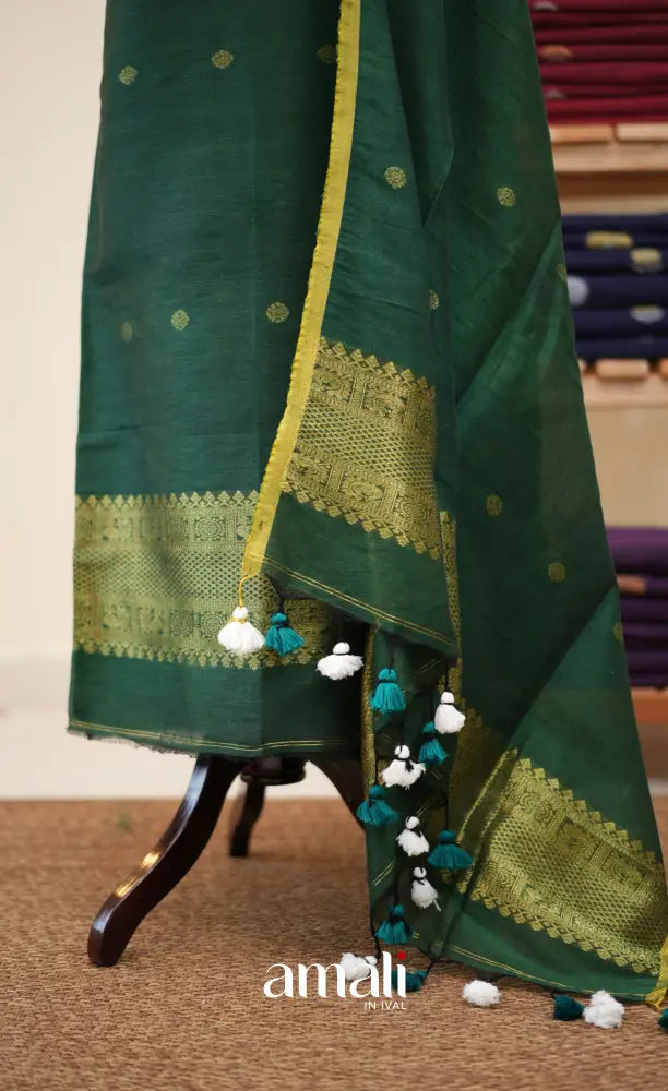 Bottle Green Handloom Linen Unstitched Salwar Set - salwar