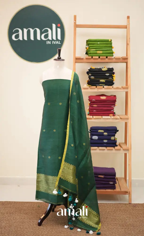 Bottle Green Handloom Linen Unstitched Salwar Set - salwar