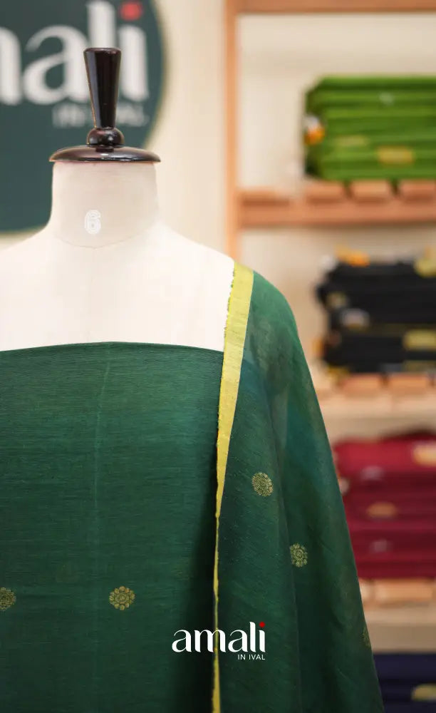 Bottle Green Handloom Linen Unstitched Salwar Set - salwar