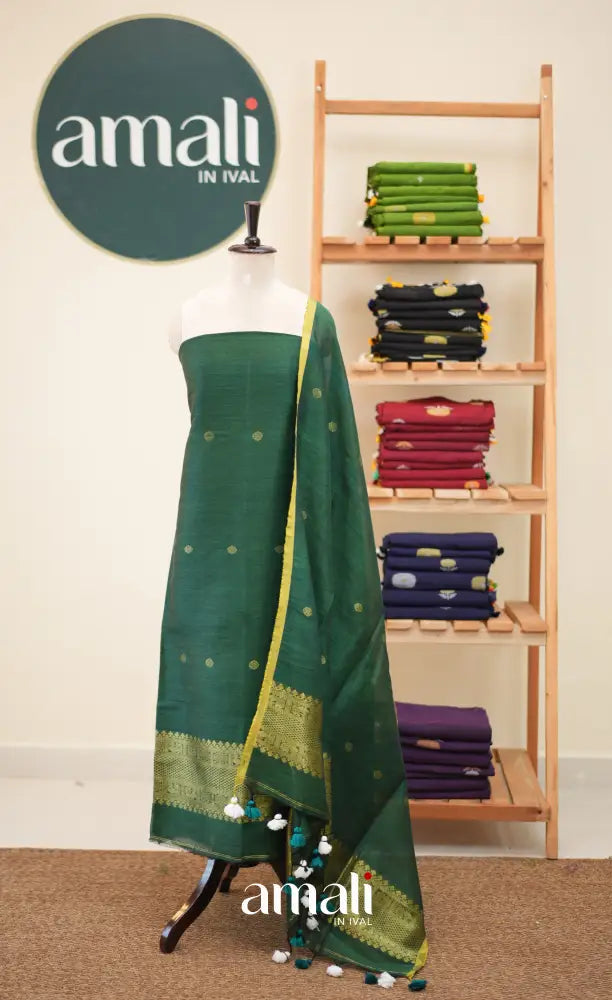 Bottle Green Handloom Linen Unstitched Salwar Set - salwar