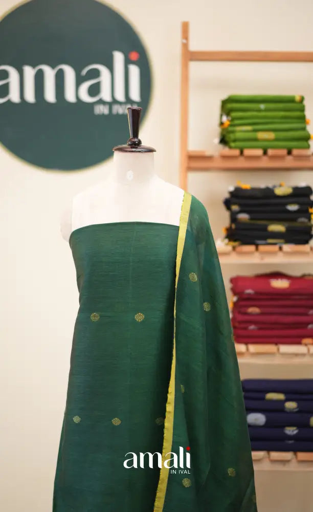 Bottle Green Handloom Linen Unstitched Salwar Set - salwar