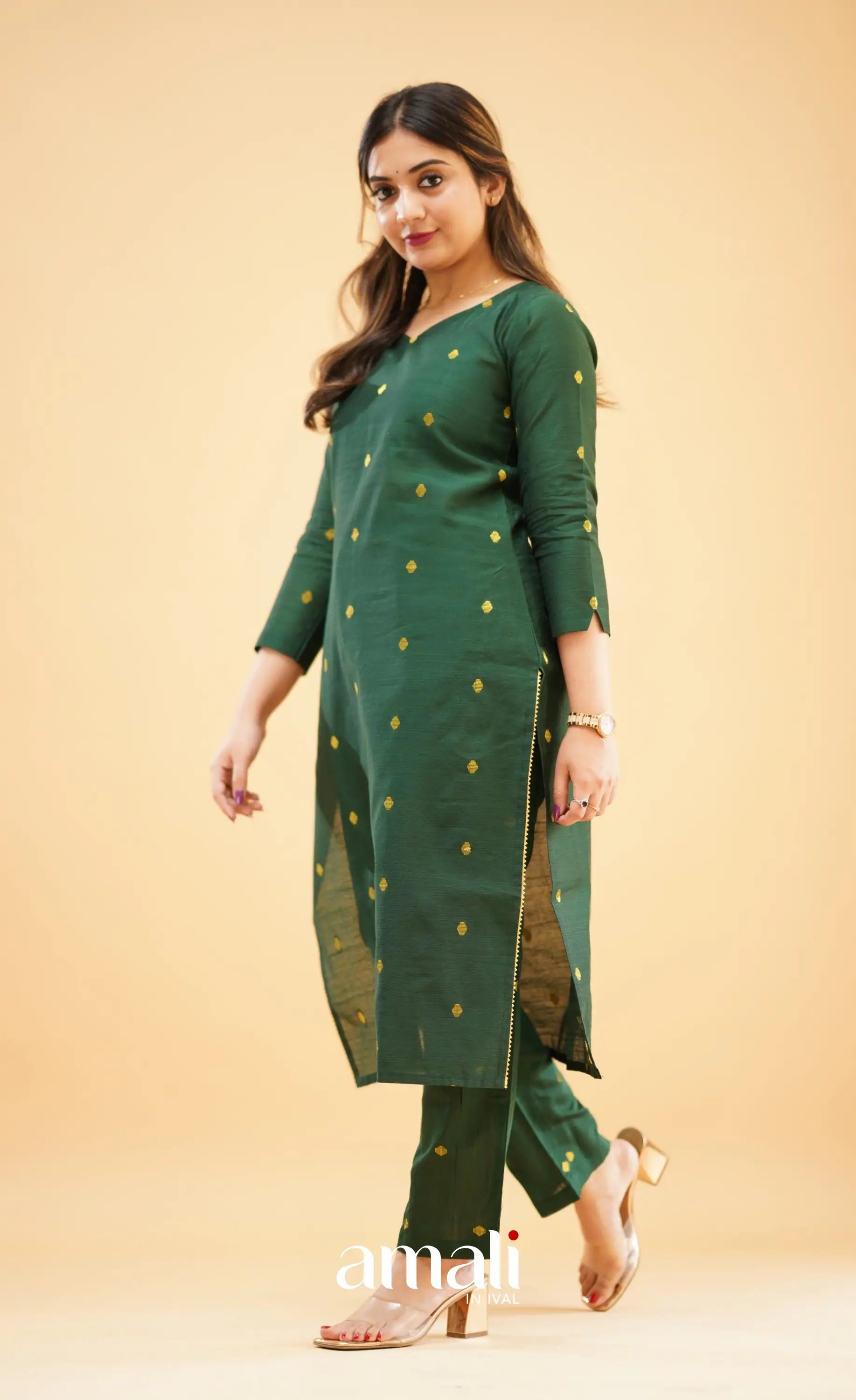 Bottle Green Slub Cotton Silk Kurti
