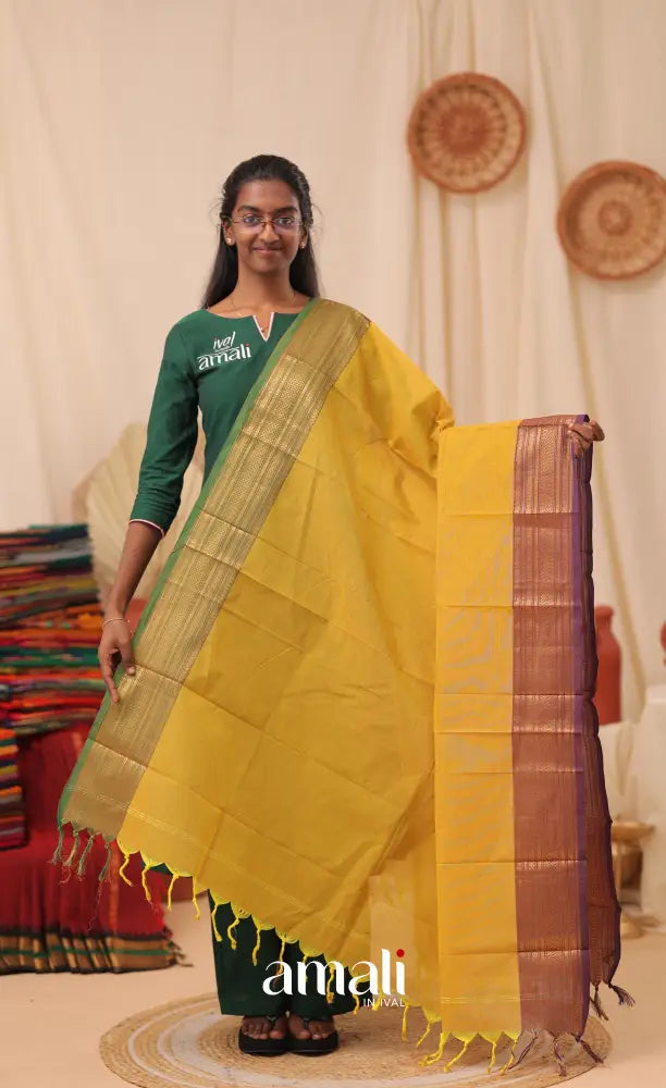 Bright Golden Yellow With Dual Border Chettinad Cotton Dupatta salwar
