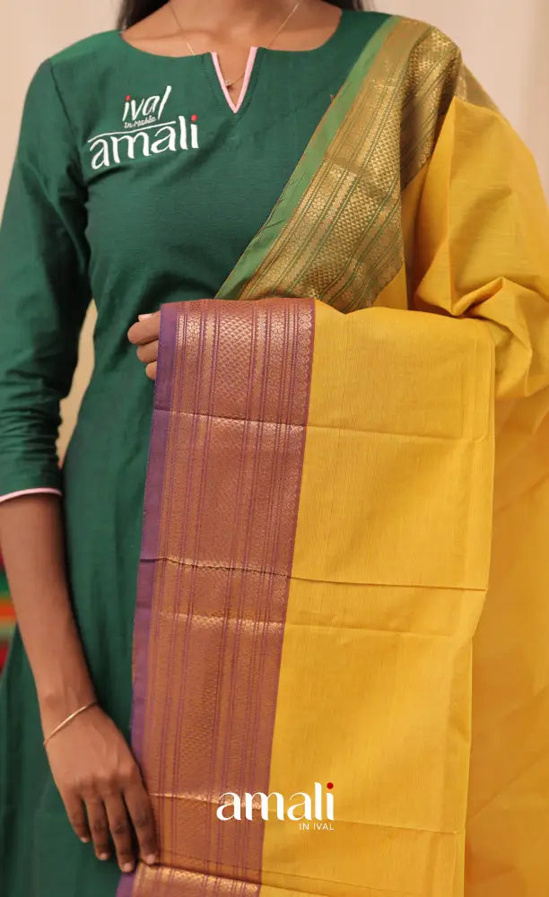 Bright Golden Yellow With Dual Border Chettinad Cotton Dupatta salwar