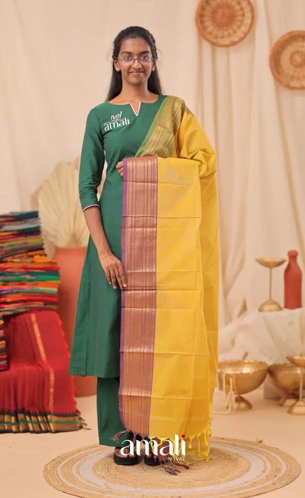 Bright Golden Yellow With Dual Border Chettinad Cotton Dupatta salwar