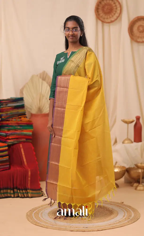Bright Golden Yellow With Dual Border Chettinad Cotton Dupatta salwar
