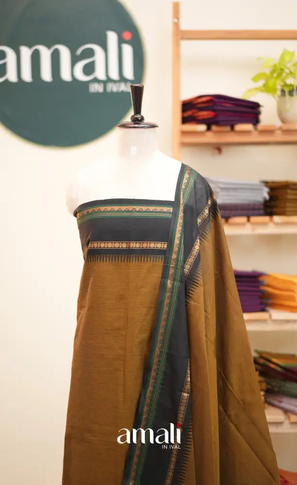 Brown and Black Chettinad Cotton Unstitched Salwar Set - salwar