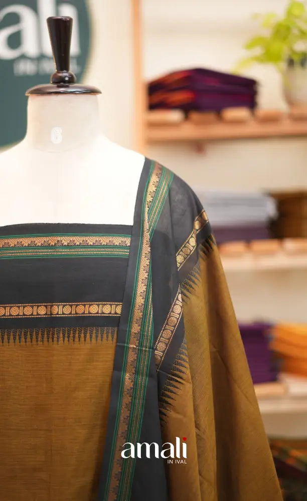 Brown and Black Chettinad Cotton Unstitched Salwar Set - salwar