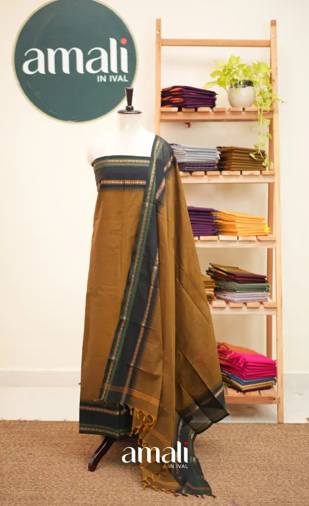 Brown and Black Chettinad Cotton Unstitched Salwar Set - salwar