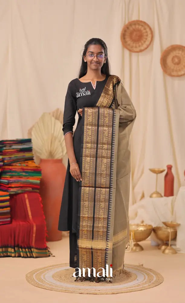 Brownish Grey With Black Chettinad Cotton Dupatta salwar