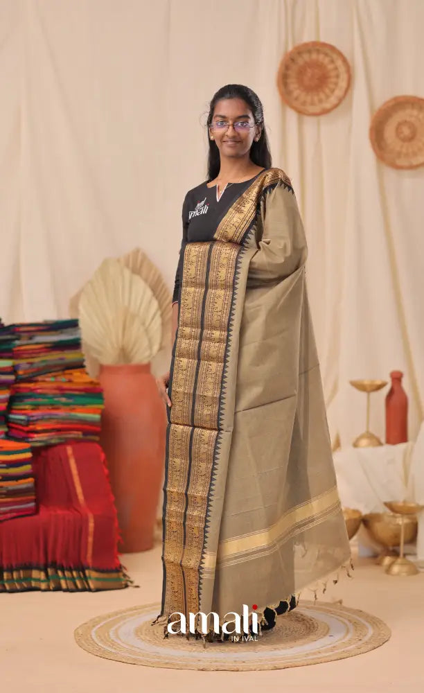 Brownish Grey With Black Chettinad Cotton Dupatta salwar