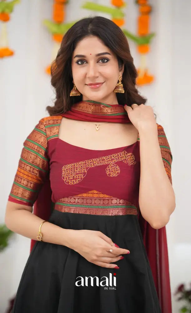 Chettinad Cotton Anarkali - Black and Maroonish Red Anarkalis