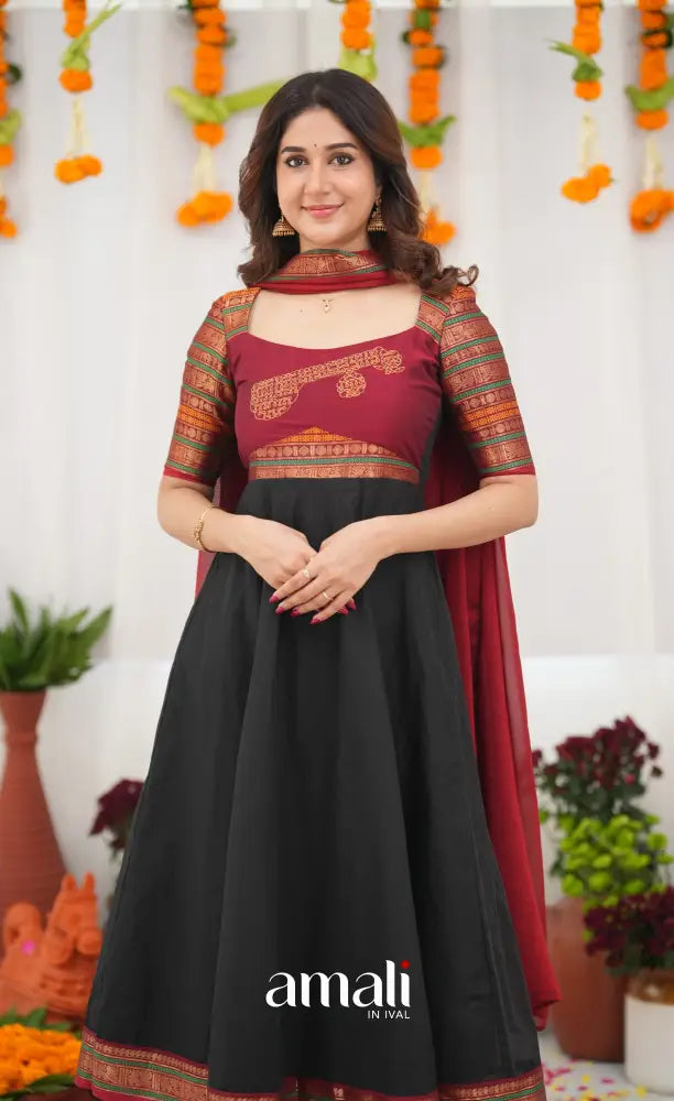 Chettinad Cotton Anarkali - Black and Maroonish Red Anarkalis